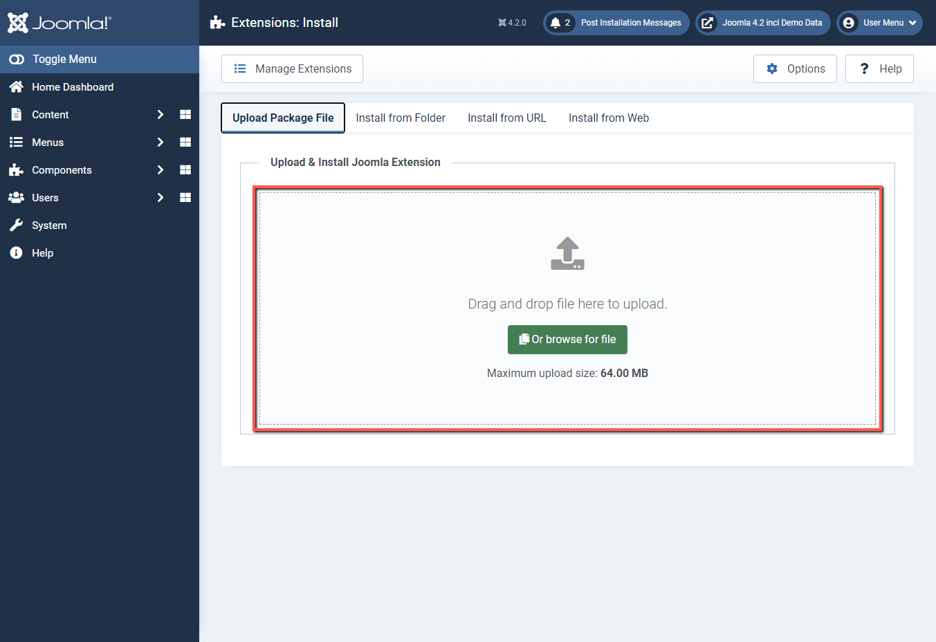 Joomla 4 backend Upload Drag & Drop option