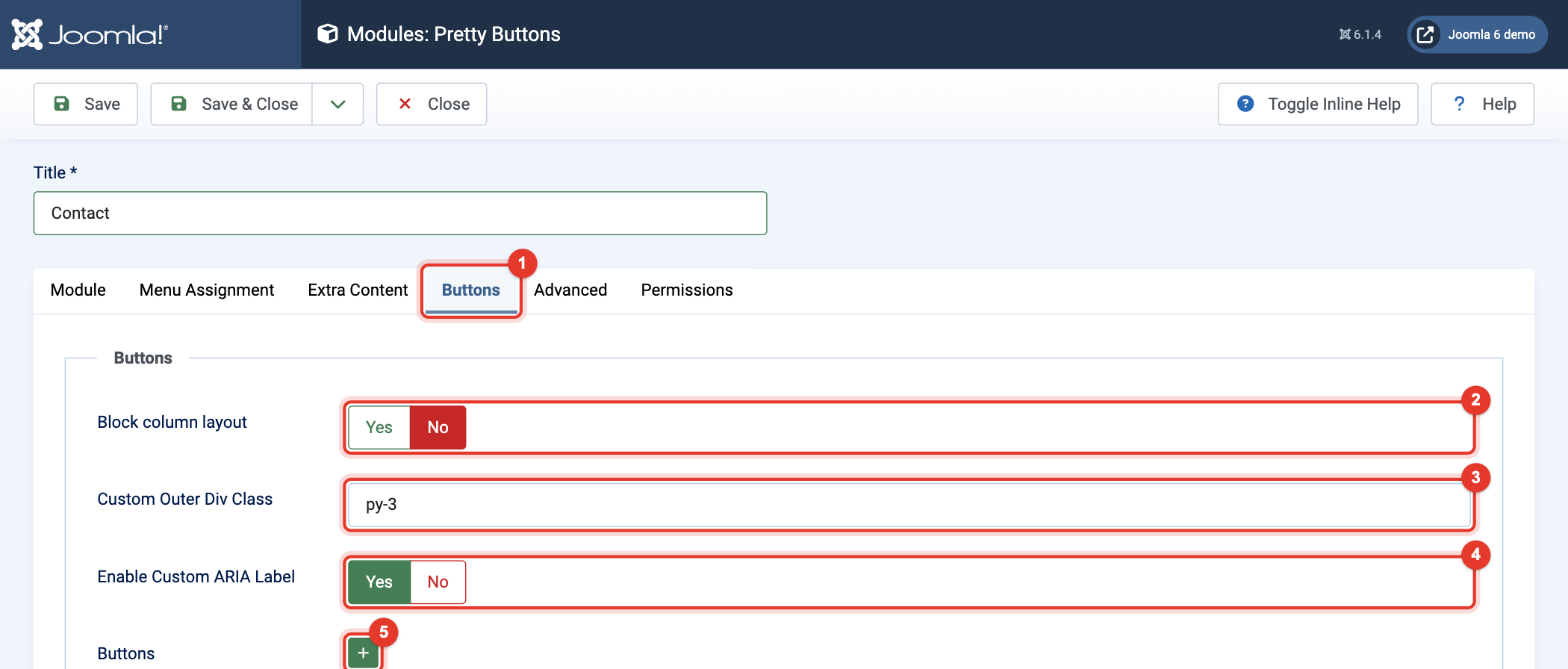 Pretty Buttons module: settings on the Buttons tab