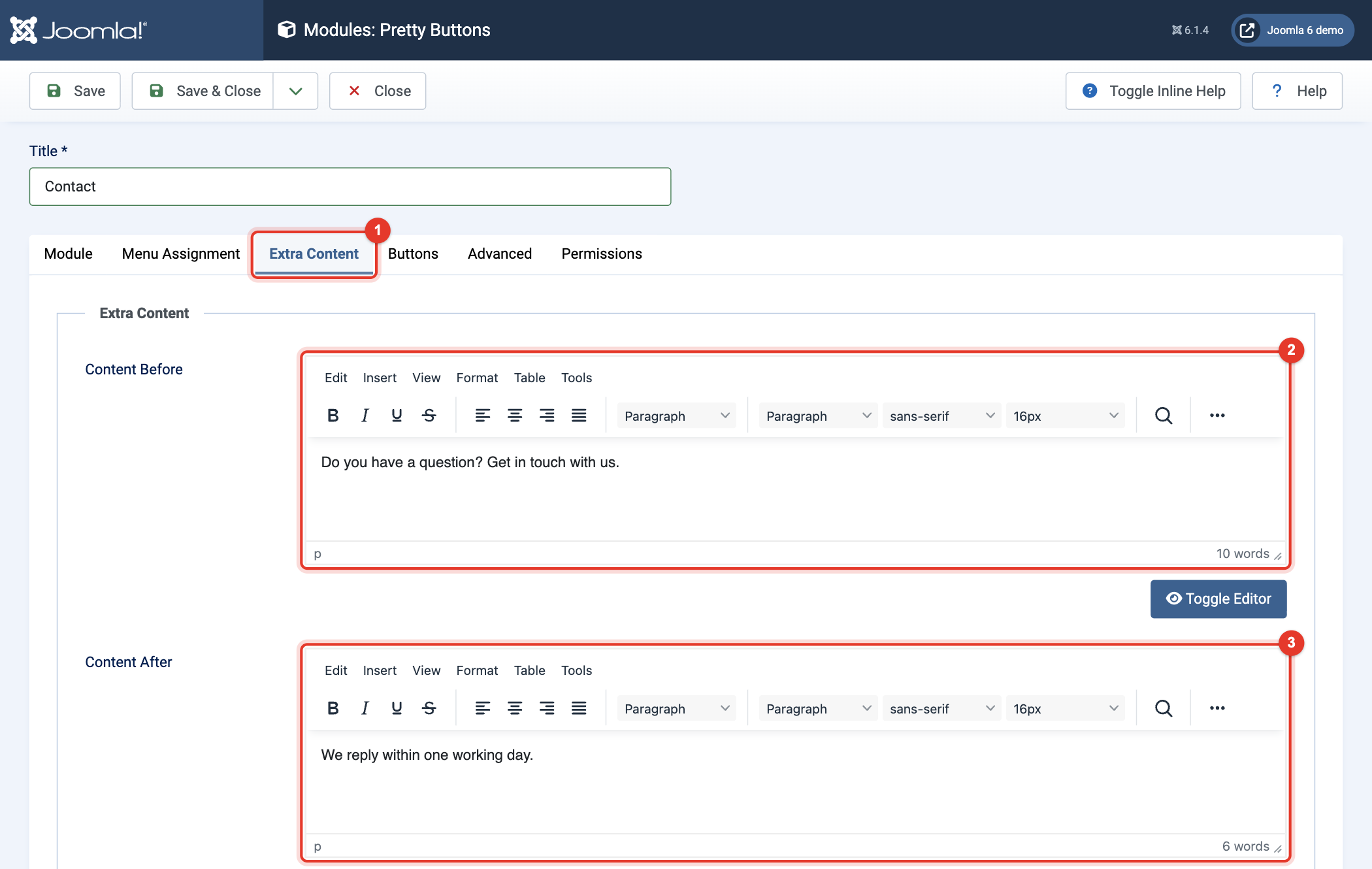 Pretty Buttons module: Extra Content tab