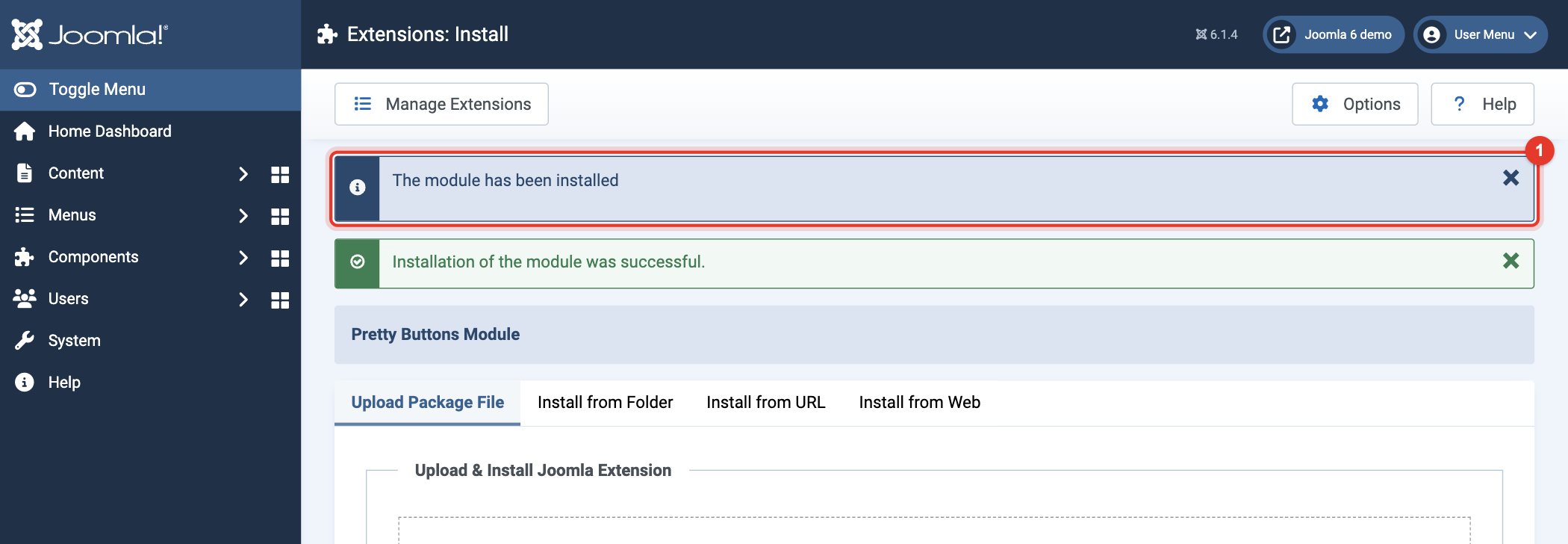 Joomla 6 message: installation of the module was successful