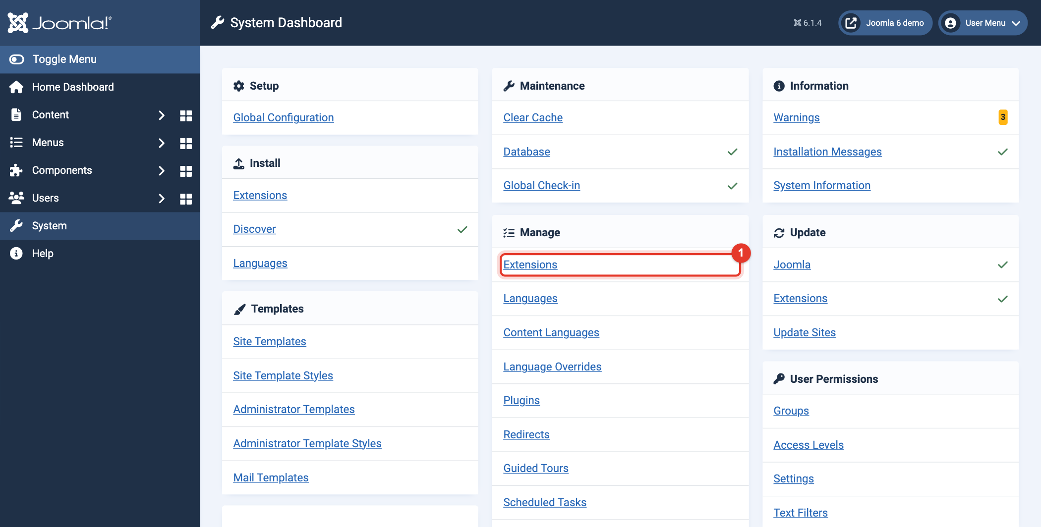 Joomla 6 System Dashboard, Manage, Extensions