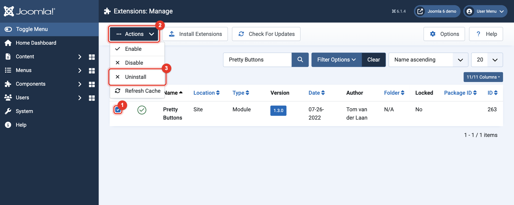 Joomla 6 Extensions: Manage, Actions, Uninstall