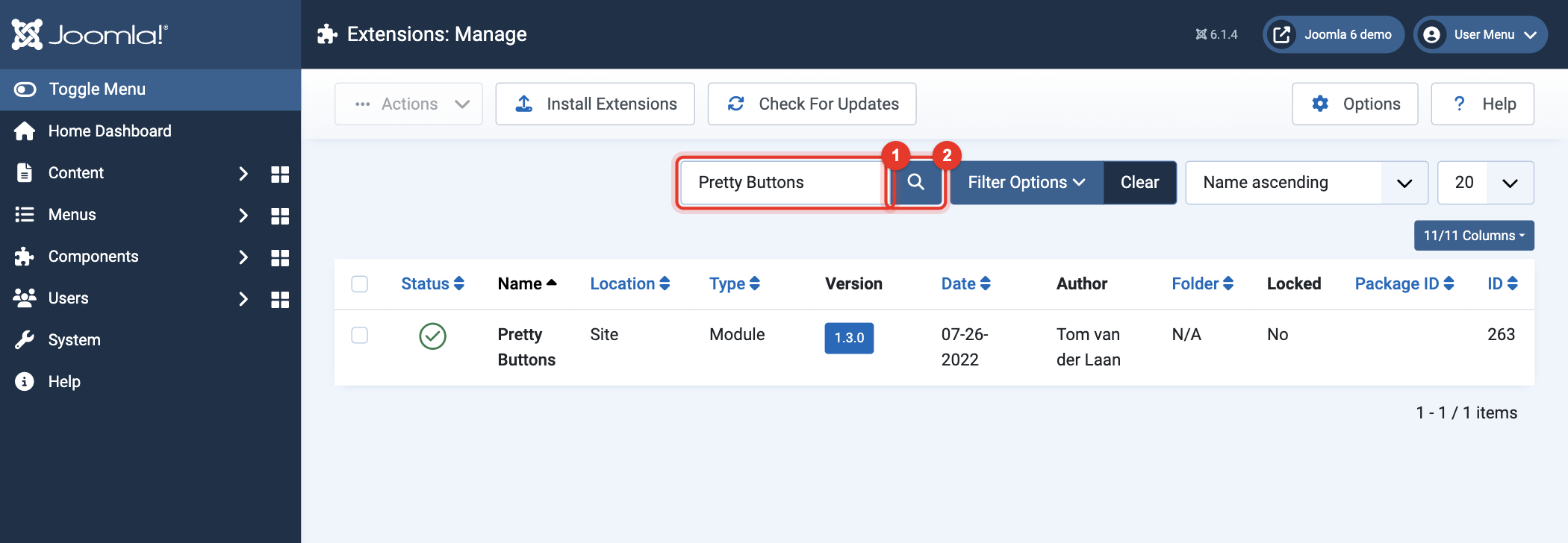 Joomla 6 Extensions: Manage, search for Pretty Buttons