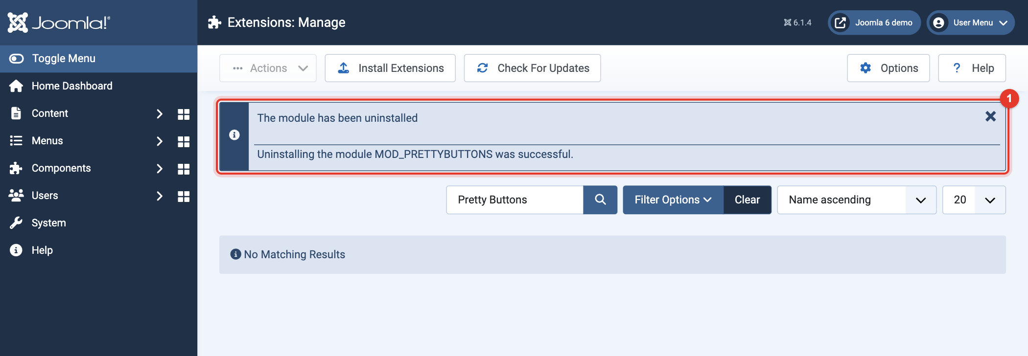 Joomla 6 message: uninstalling the module was successful