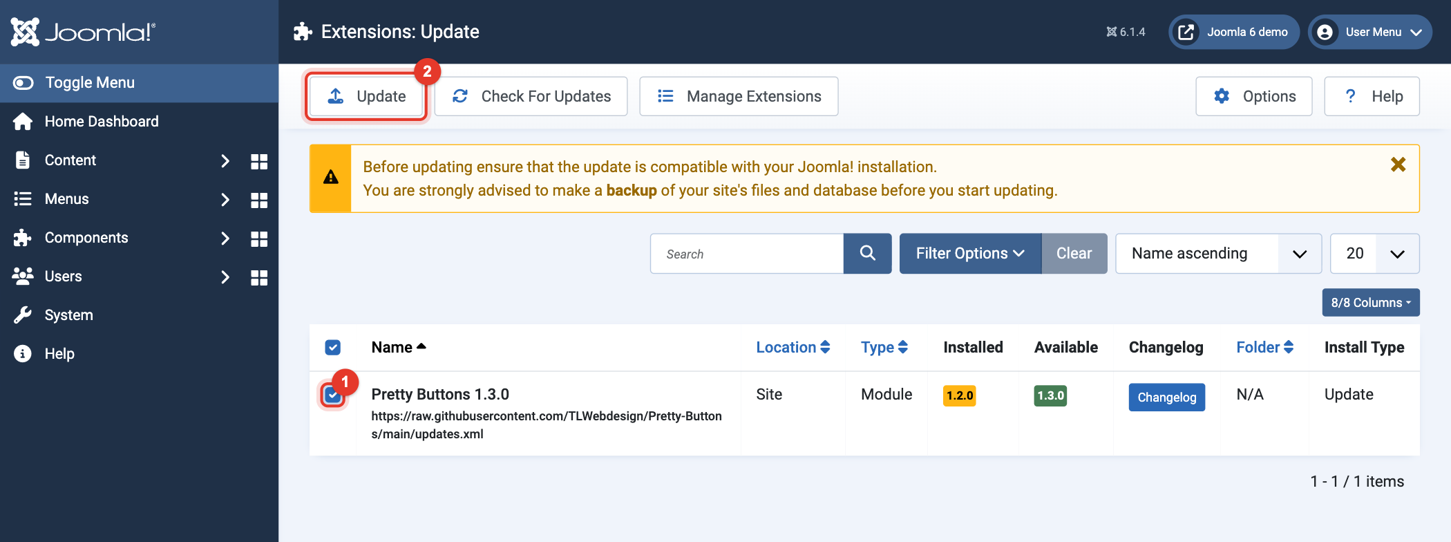Joomla 6 Extensions: Update with Pretty Buttons selected
