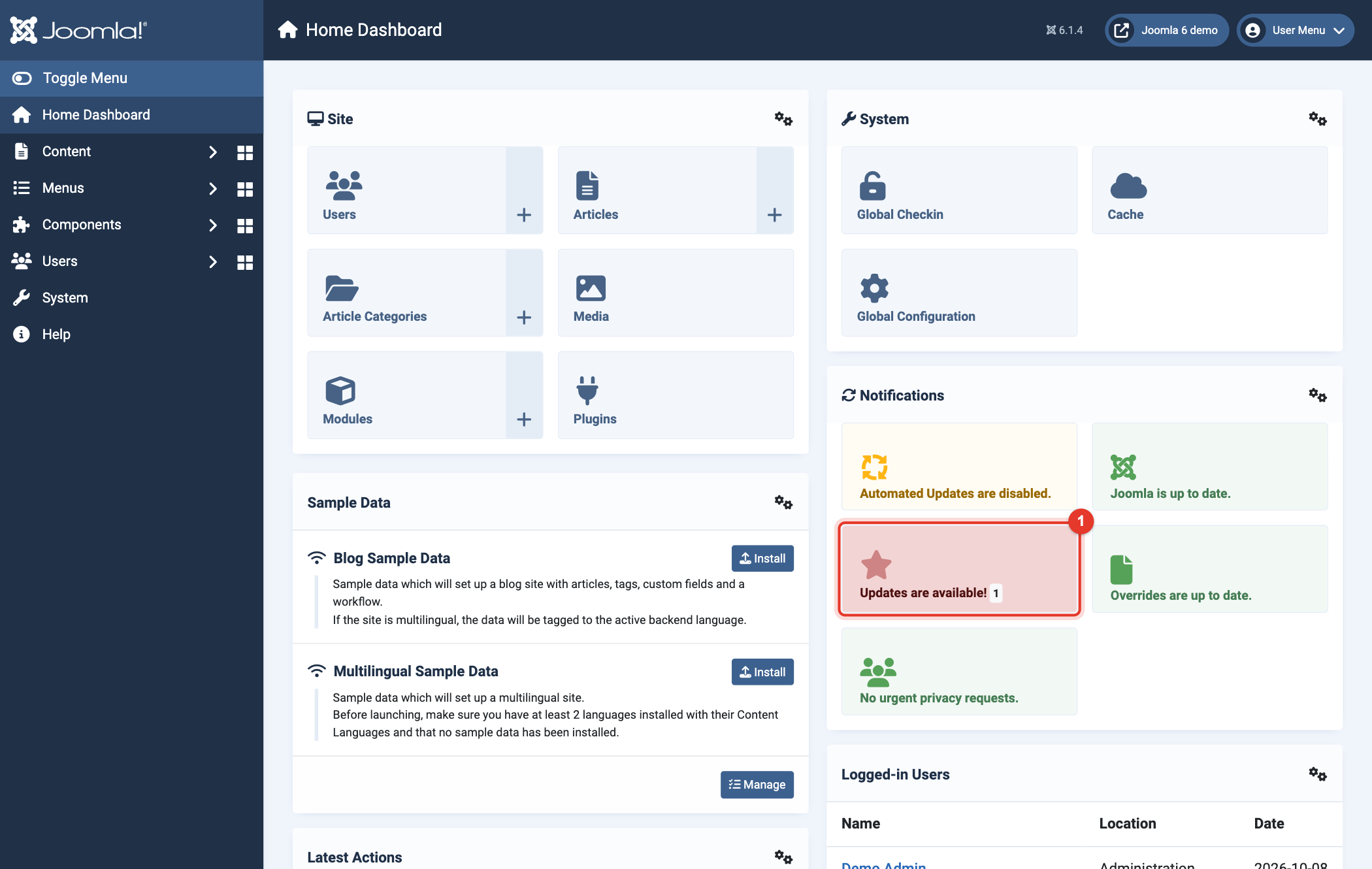 Joomla 6 Home Dashboard: updates are available