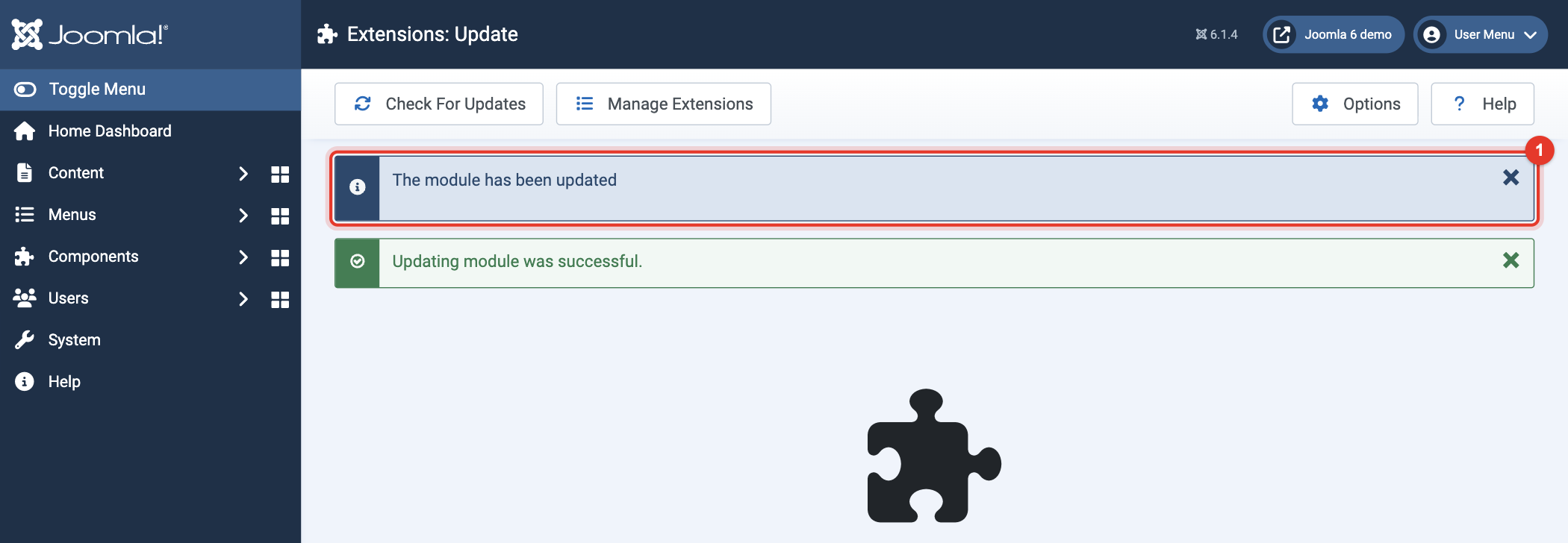 Joomla 6 message: updating module was successful
