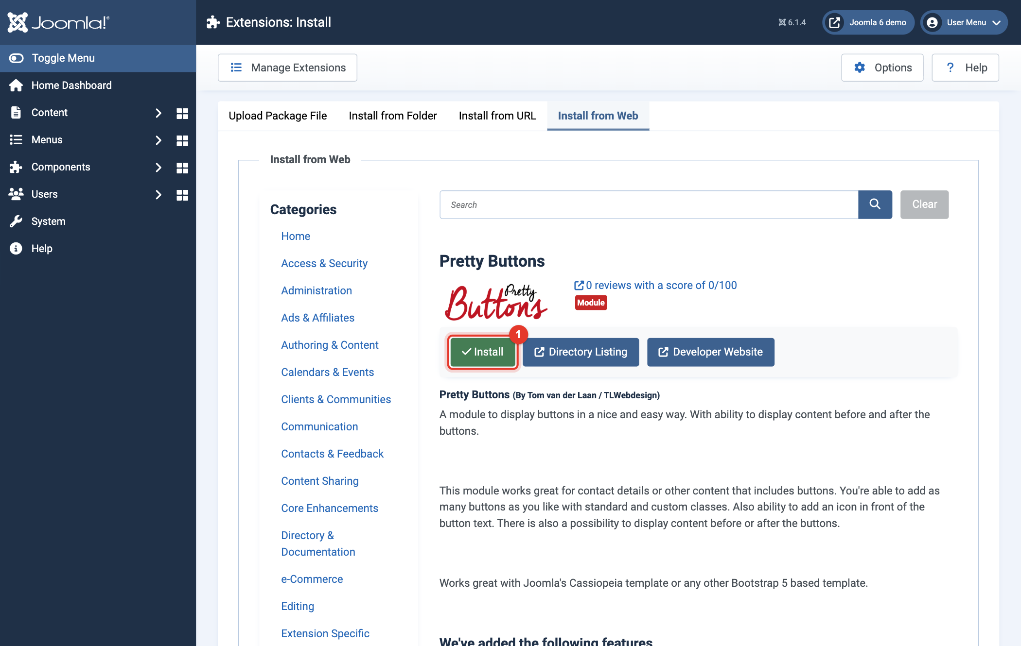 Joomla 6 Install from Web, Install button of Pretty Buttons
