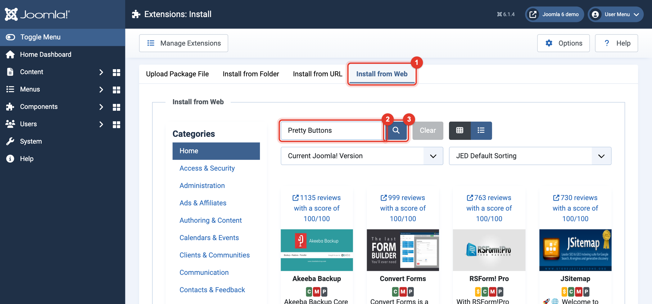 Joomla 6 Install from Web, search for Pretty Buttons