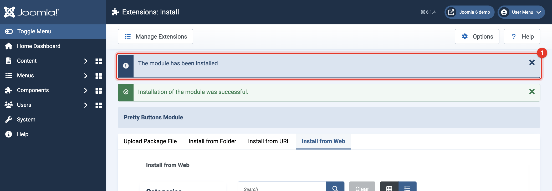 Joomla 6 message: installation of the module was successful